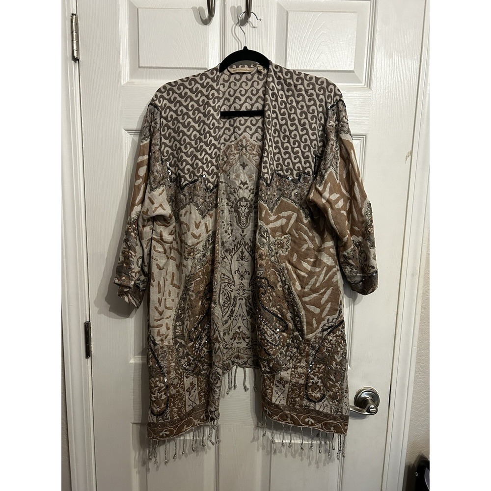 Soft Surroundings S/M kimono cardigan paisley beads embroidery cotton rayon